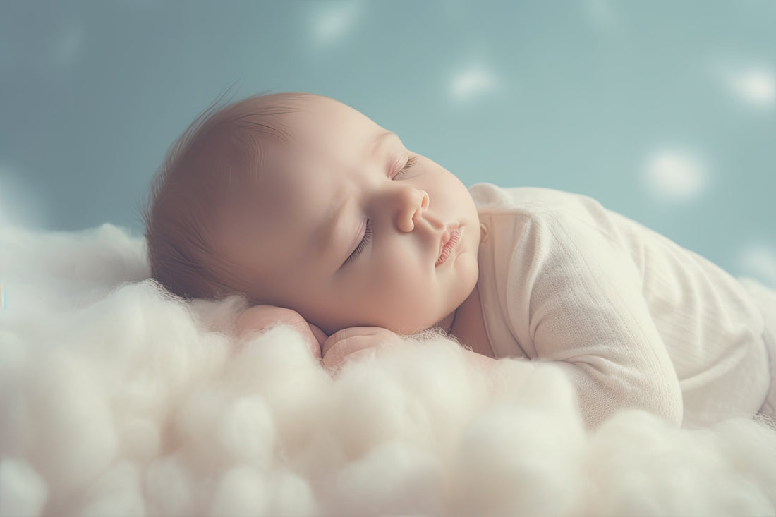AI image of newborn baby asleep on cotton clouds