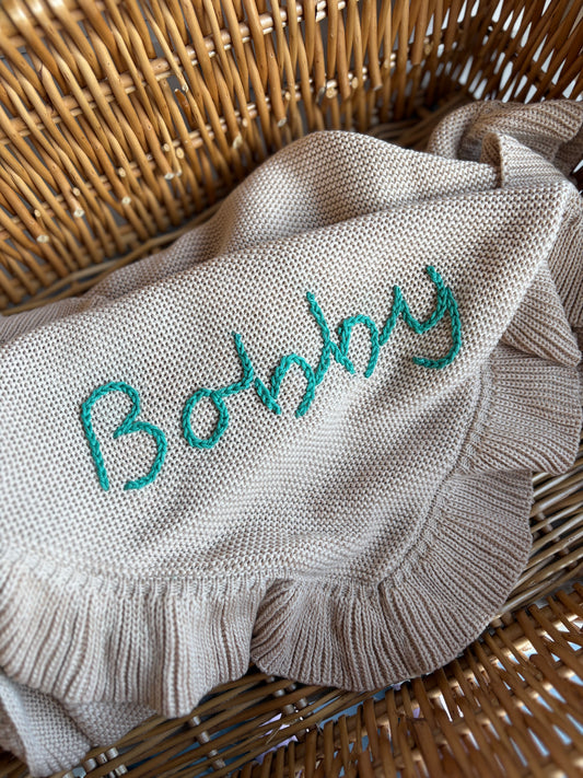 Personalised Hand-Embroidered Organic Cotton Frill Blanket