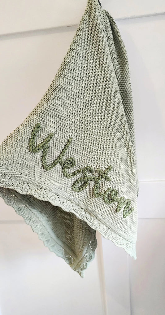 Personalised Hand-Embroidered Organic Cotton Scallop Blanket