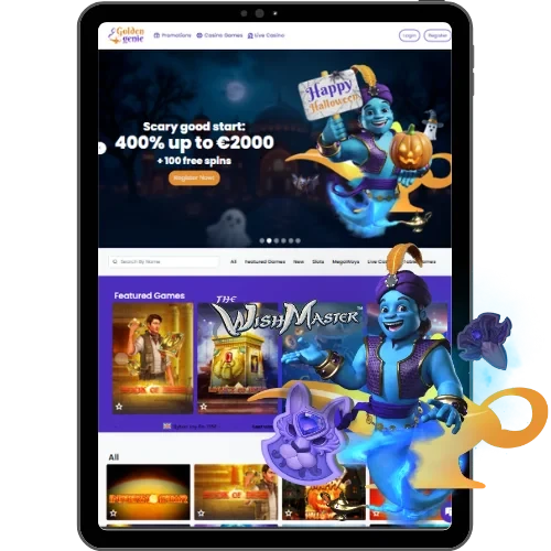 Golden Genie Casino lobby on a tablet with the genie mascot